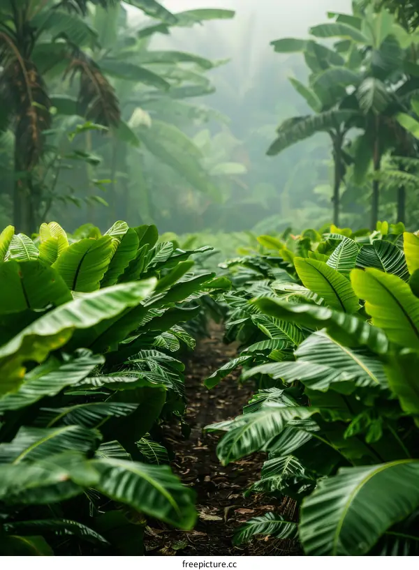 lush green banana tree leaves in a tropical rainforest