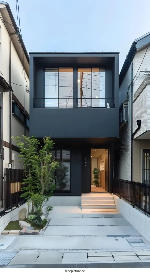 Modern Black House Facade with Concrete Steps and Small Garden