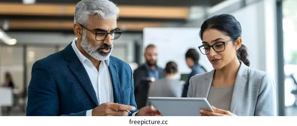 Two Business Professionals Collaborate on a Project Using a Tablet