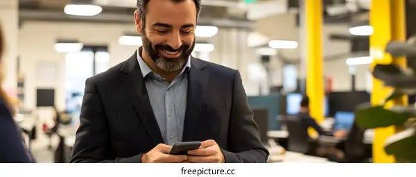 Smiling Businessman Using Smartphone in Office
