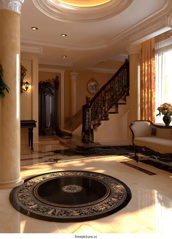 Luxury Interior Design of a Grand Entrance Hall with a Black and Gold Inlaid Round Rug