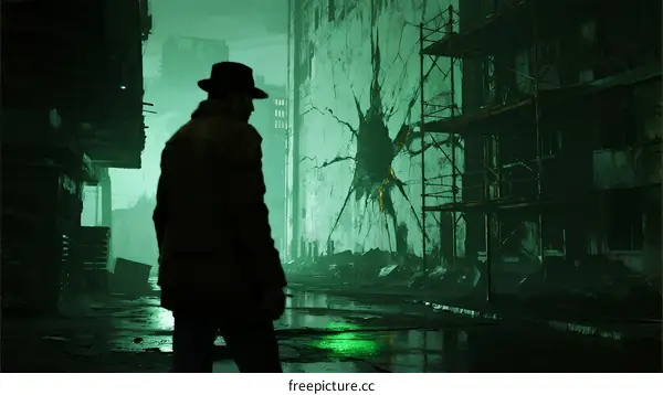 Mysterious Man in Abandoned Urban Alley with Cracked Wall