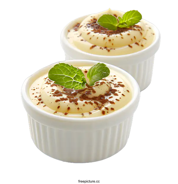 [Transparent Background PNG]Two Bowls of Vanilla Pudding with Chocolate and Mint