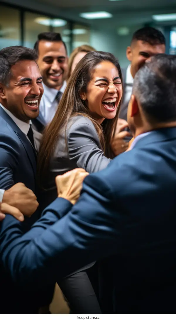 A group of business professionals celebrating a successful project