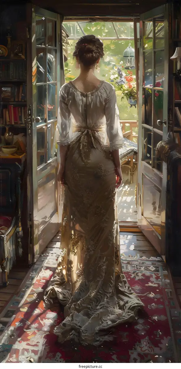 Woman in a White Dress Standing in a Doorway Looking Out