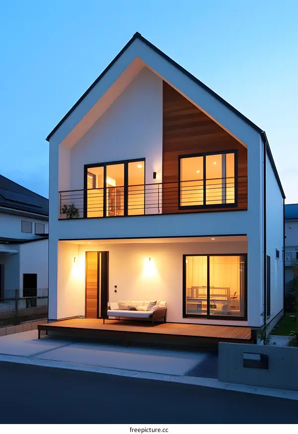 Modern Two Story White House with Wooden Deck and Balcony