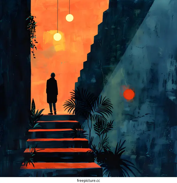 man looking at sunset from stairs