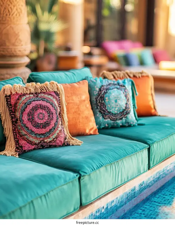 Outdoor Teal Sofa with Colorful Throw Pillows by Pool