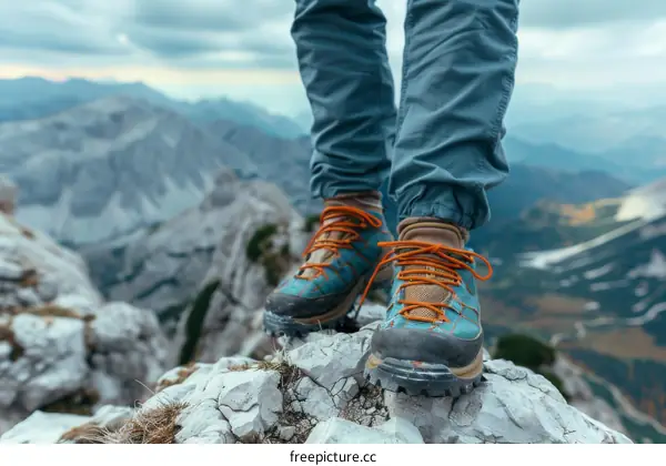 A person standing on a rock in the mountains