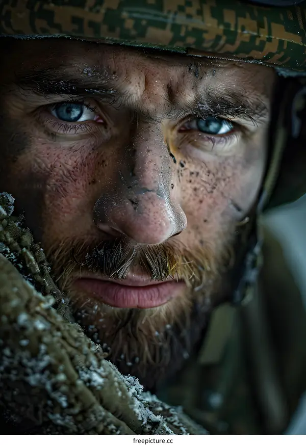 Portrait of a soldier with blue eyes and a beard wearing a military helmet