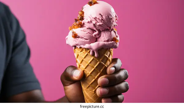 Black hand holding a melting strawberry ice cream cone with bacon bits