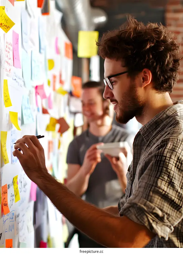 Two Men Brainstorming Ideas On A Whiteboard With Sticky Notes