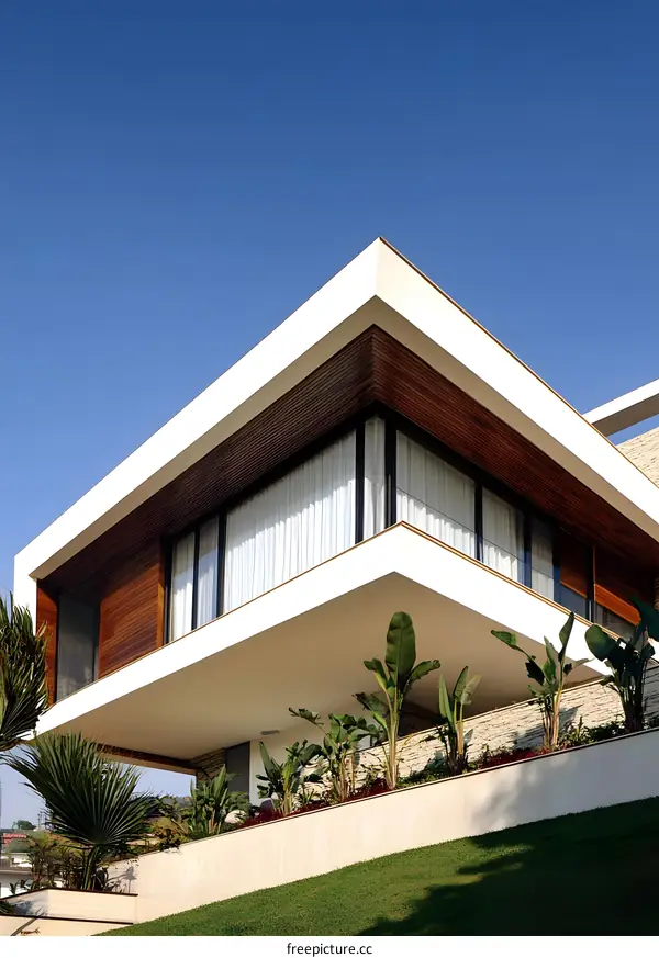 Modern House with Wooden Paneling and Large Windows