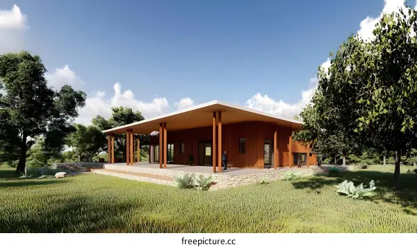 Modern Wooden House Design with a Patio and Surrounding Trees