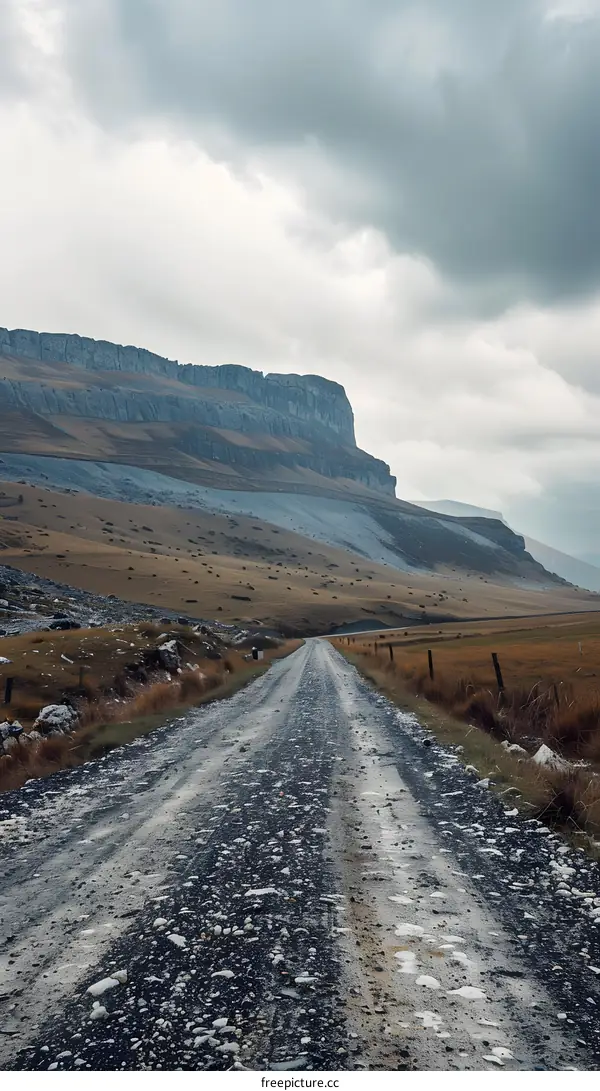 Gravel Road Leading to Mountain Range Under Cloudy Sky