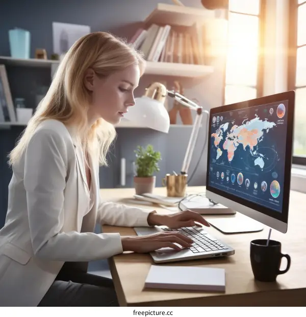 A blonde woman in a white blazer works on a computer in an office.