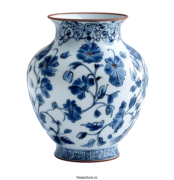 [Transparent Background PNG]Blue and White Porcelain Vase with Floral Design