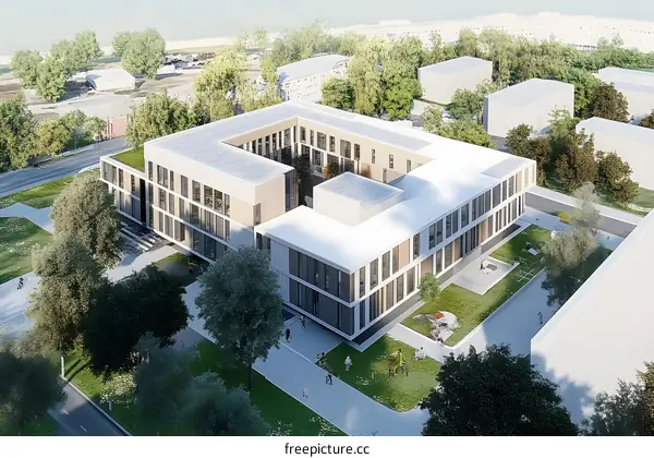 Modern Architecture Design of a Building with Green Lawn and People