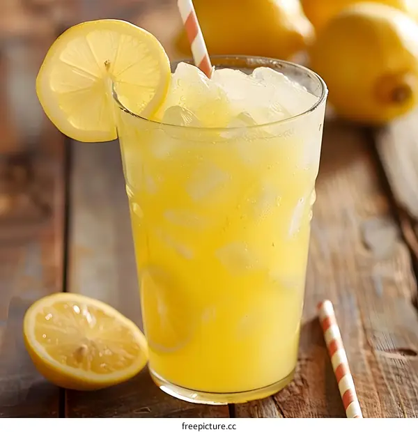 Refreshing Iced Lemonade in Glass With Straw