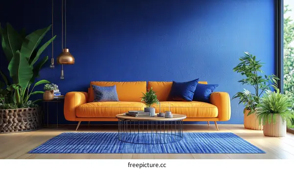 Modern Living Room Interior Design with Blue and Orange