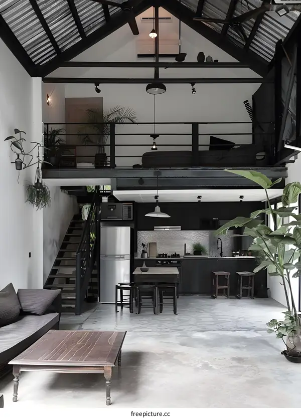 Modern Industrial Loft Apartment Interior Design with Open Floor Plan and Exposed Beams