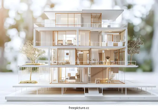 3d illustration of a modern house with glass walls and a terrace with trees