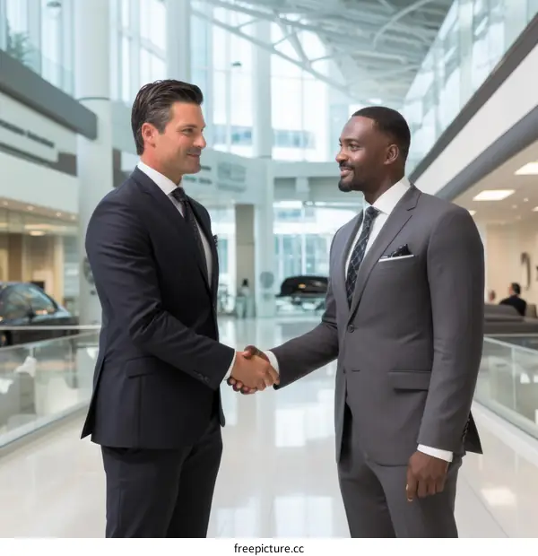 Two businessmen in suits shaking hands in a modern office building