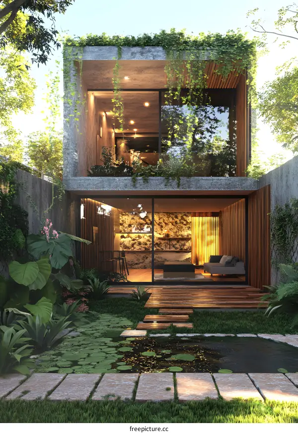 Modern Minimalist Two Storey House with Greenery and Pond