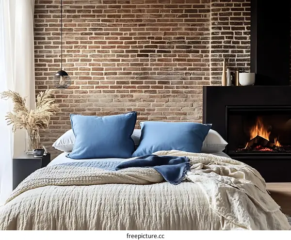Cozy Bedroom with Brick Wall and Fireplace