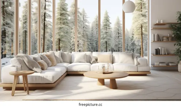 A peaceful living room with a large window overlooking a snowy forest