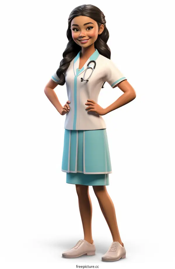 Young Female Doctor in White Coat and Blue Skirt Poses for the Camera