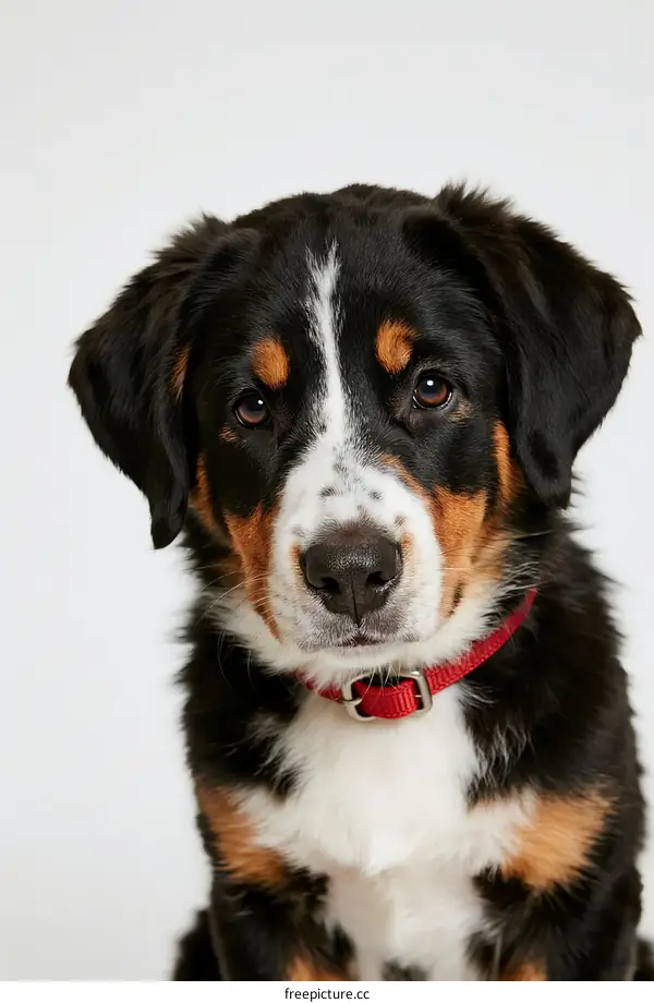 Adorable black brown and white puppy with red collar