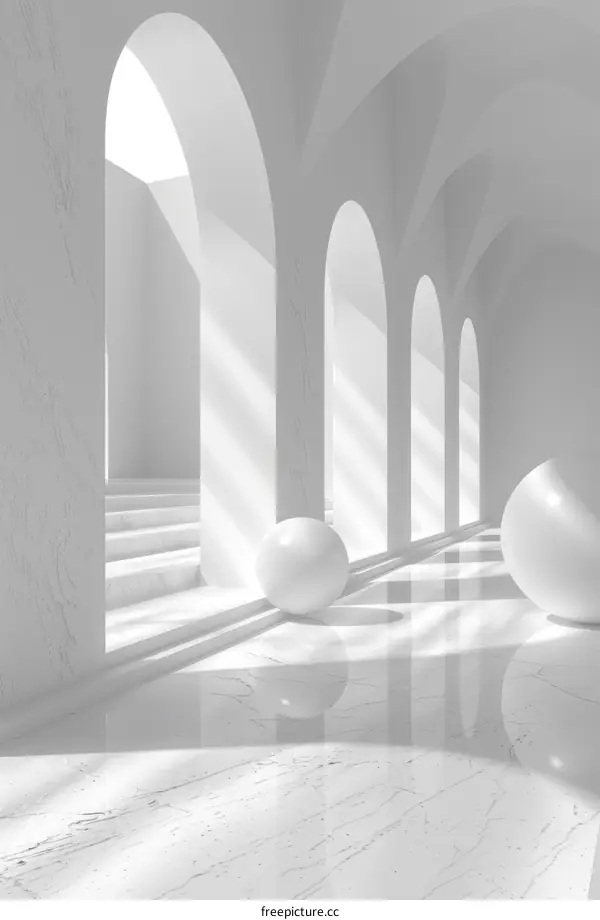 Modern White Archway Corridor With Marble Floor and Spheres