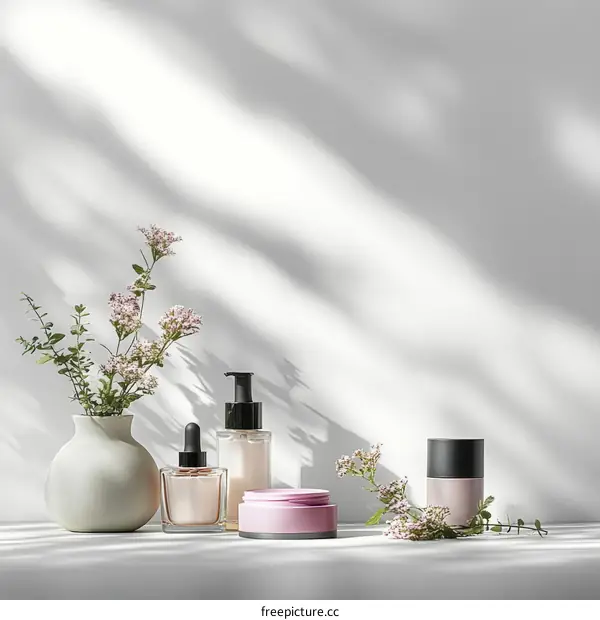 Elegant Cosmetic Products Display with Flowers