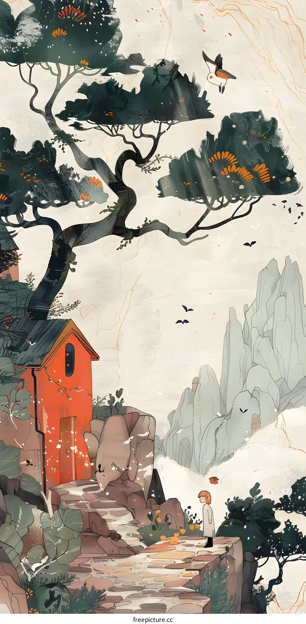 A Girl Standing on a Cliff with a Red House and a Mountain in the Background