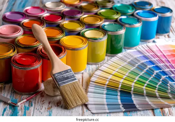 Paint Cans and Color Palette on Wooden Table