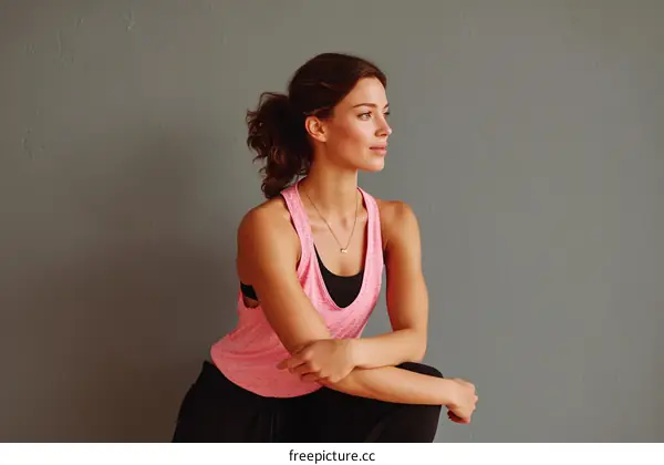 Woman in Pink Sportswear Posing Against a Gray Wall