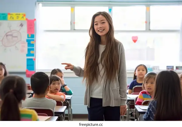 Asian female teacher smiling and pointing in a classroom full of students
