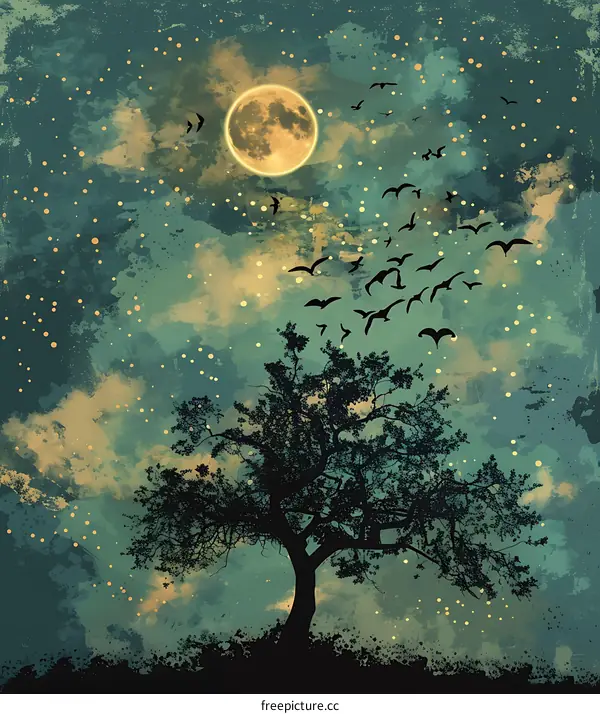 Silhouette Tree With Full Moon And Birds Flying In Night Sky