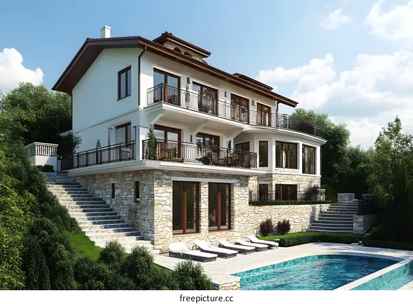 Modern Luxury Villa with Swimming Pool and Stone Walls