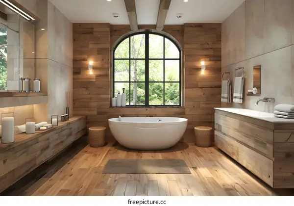 Wooden bathroom interior with large bathtub