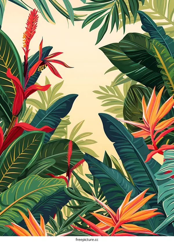 Tropical Leaves and Flowers Illustration Background