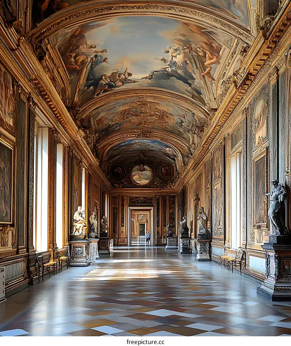 Ornate Hallway with Painted Ceiling and Statues in a Palace in France