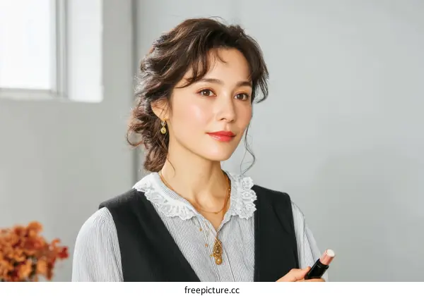 Asian Woman Holding Lipstick Fashion Portrait