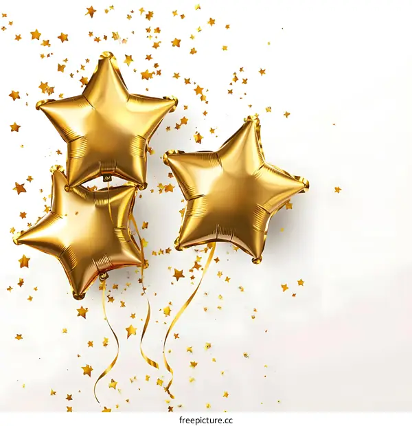 Gold Star Balloons on White Background with Confetti
