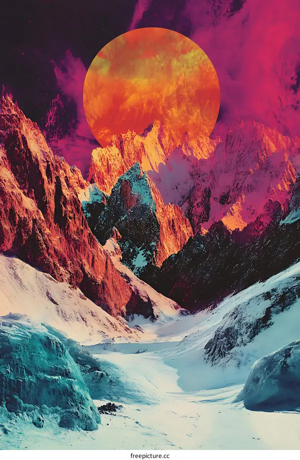 Mountain Landscape with a Red Sun and Stars