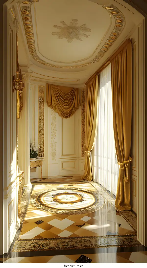 Luxury Interior Design with Gold Accents and Ornate Ceiling