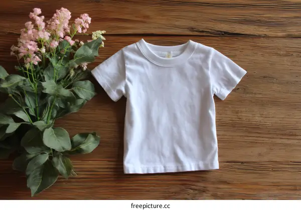 White Baby T-Shirt on Wooden Background