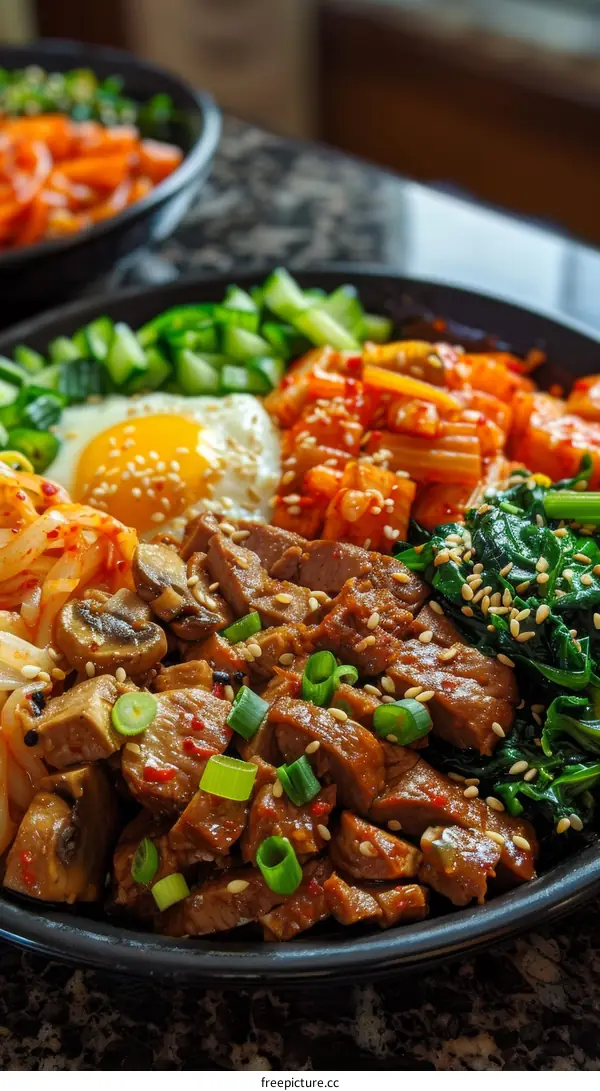 Korean Food, Bibimbap with Kimchi and Egg