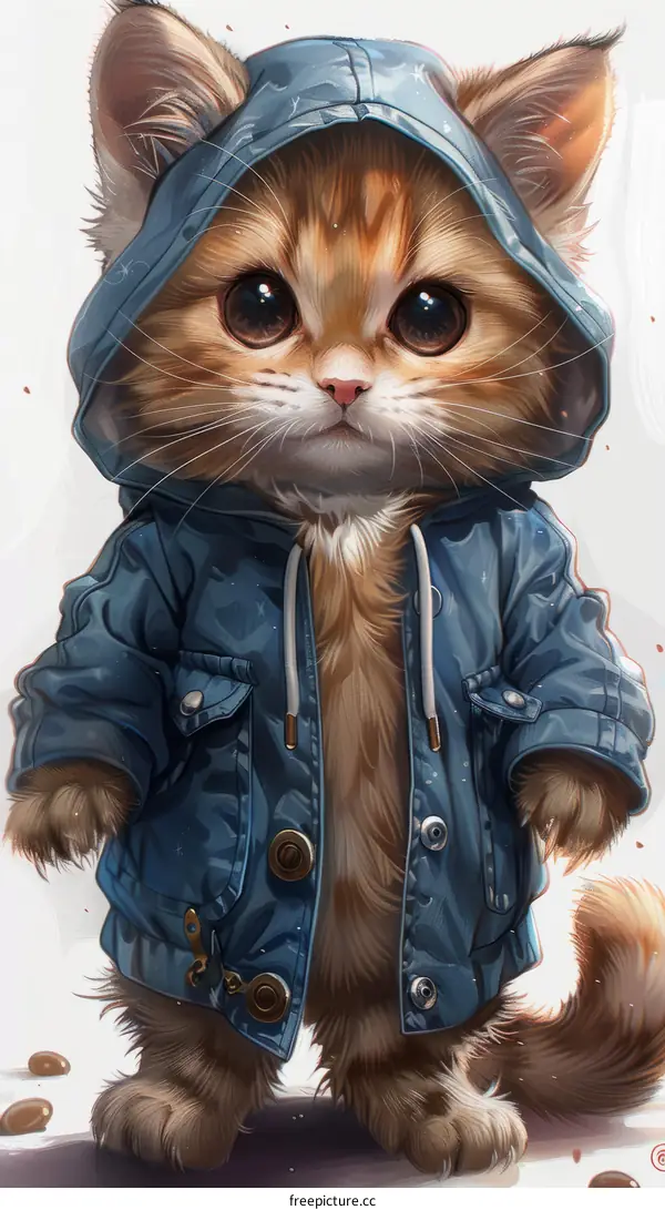 A cute cat wearing a blue hoodie